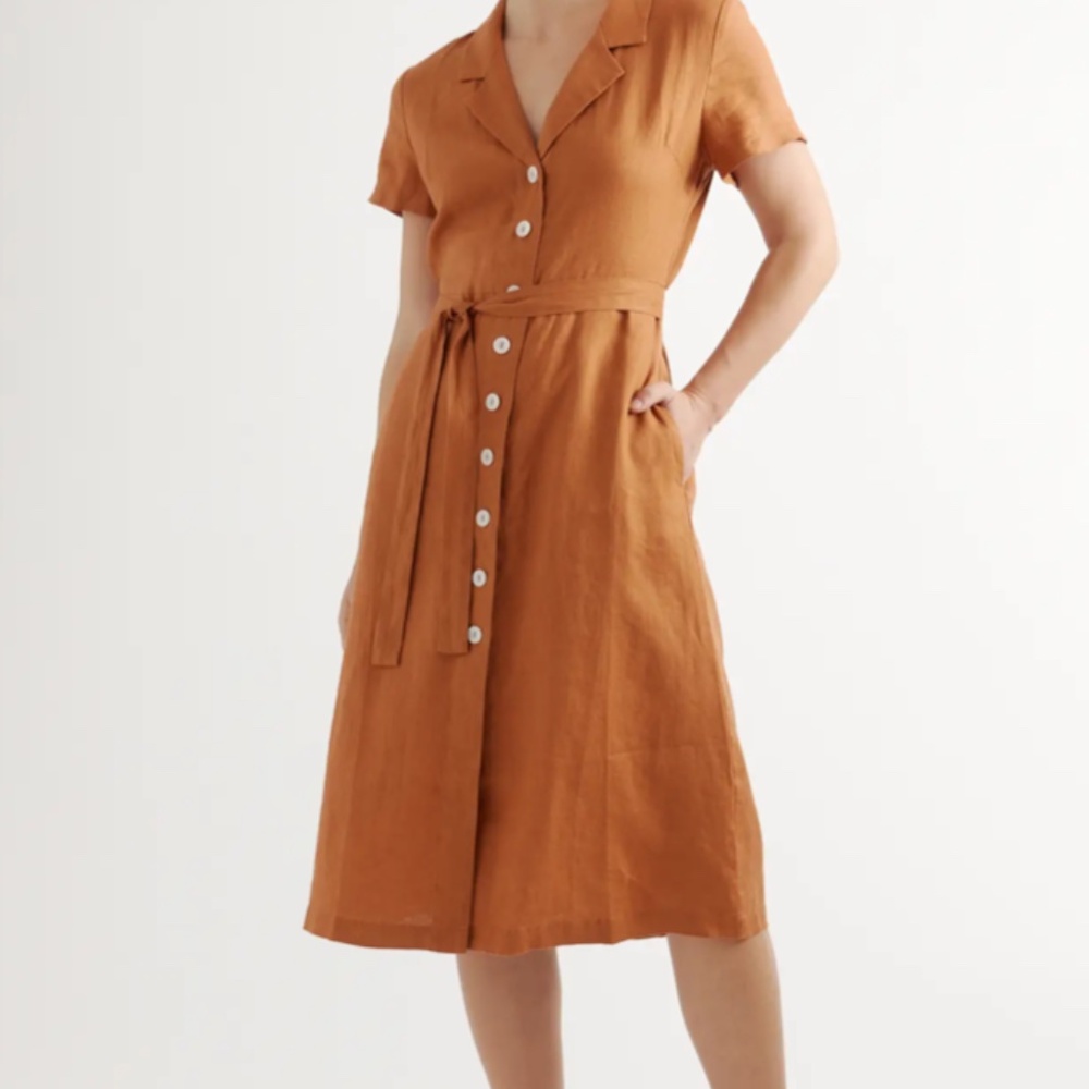 Quince 100% European Linen Button Front Dress Women's Size Medium in Light Brown